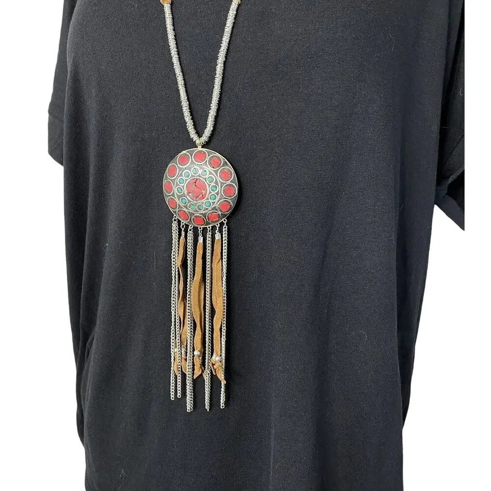 SHIRALEAH New Catrine Tribal Leather Necklace Silver Pink Turquoise Anthro